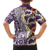 Hawaiian Plumeria Lei Family Matching Puletasi and Hawaiian Shirt Kakau Motifs and Palaka Half Style Purple Color LT03 - Polynesian Pride