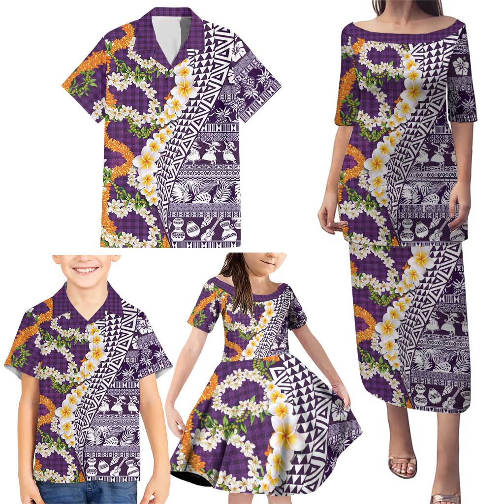 Hawaiian Plumeria Lei Family Matching Puletasi and Hawaiian Shirt Kakau Motifs and Palaka Half Style Purple Color - Polynesian Pride