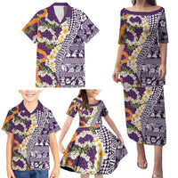 Hawaiian Plumeria Lei Family Matching Puletasi and Hawaiian Shirt Kakau Motifs and Palaka Half Style Purple Color LT03 - Polynesian Pride