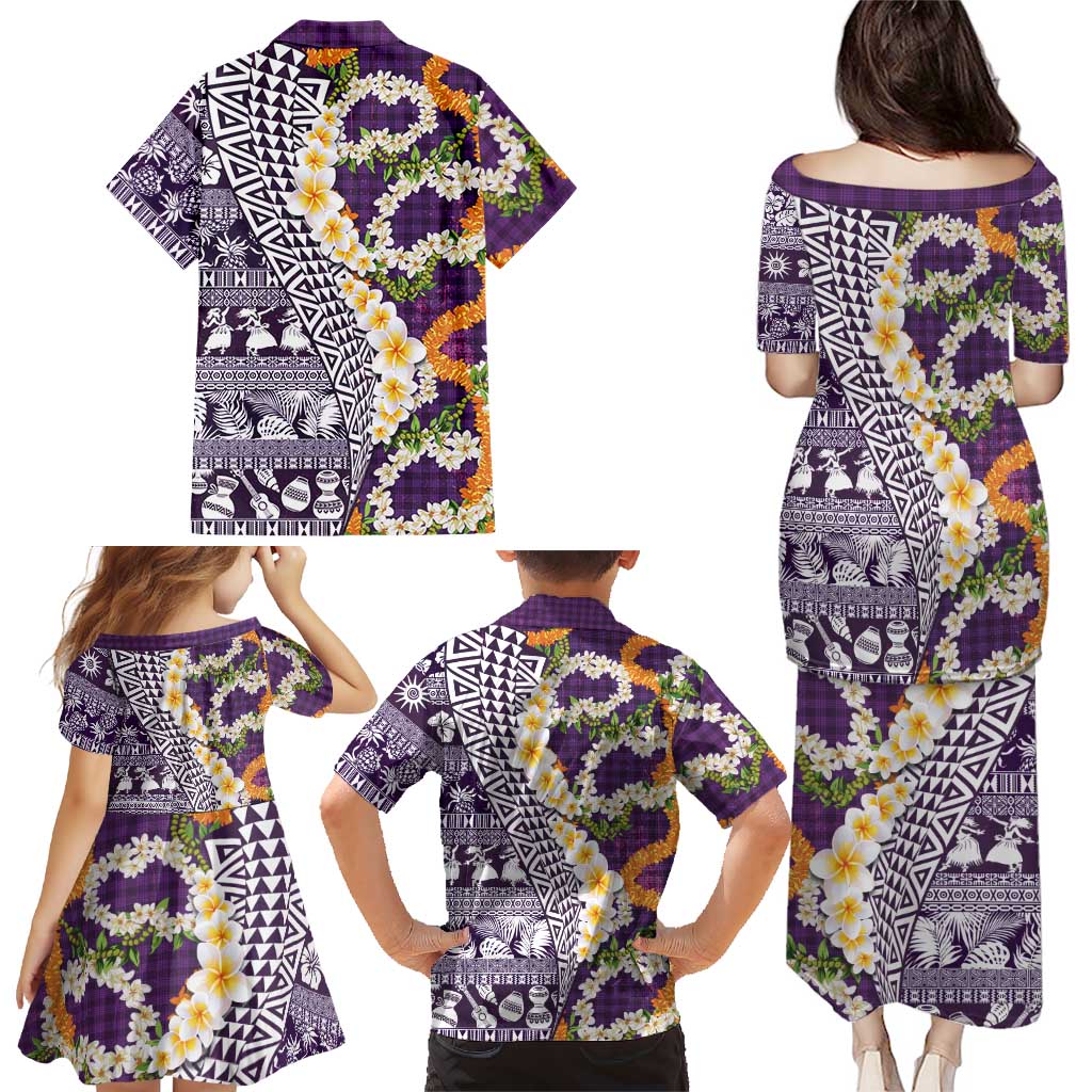 Hawaiian Plumeria Lei Family Matching Puletasi and Hawaiian Shirt Kakau Motifs and Palaka Half Style Purple Color LT03 - Polynesian Pride
