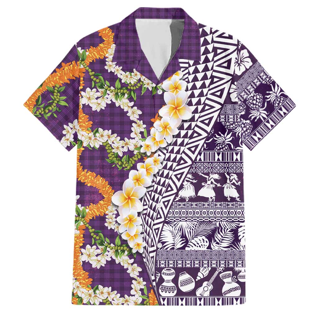 Hawaiian Plumeria Lei Family Matching Puletasi and Hawaiian Shirt Kakau Motifs and Palaka Half Style Purple Color LT03 Dad's Shirt - Short Sleeve Purple - Polynesian Pride