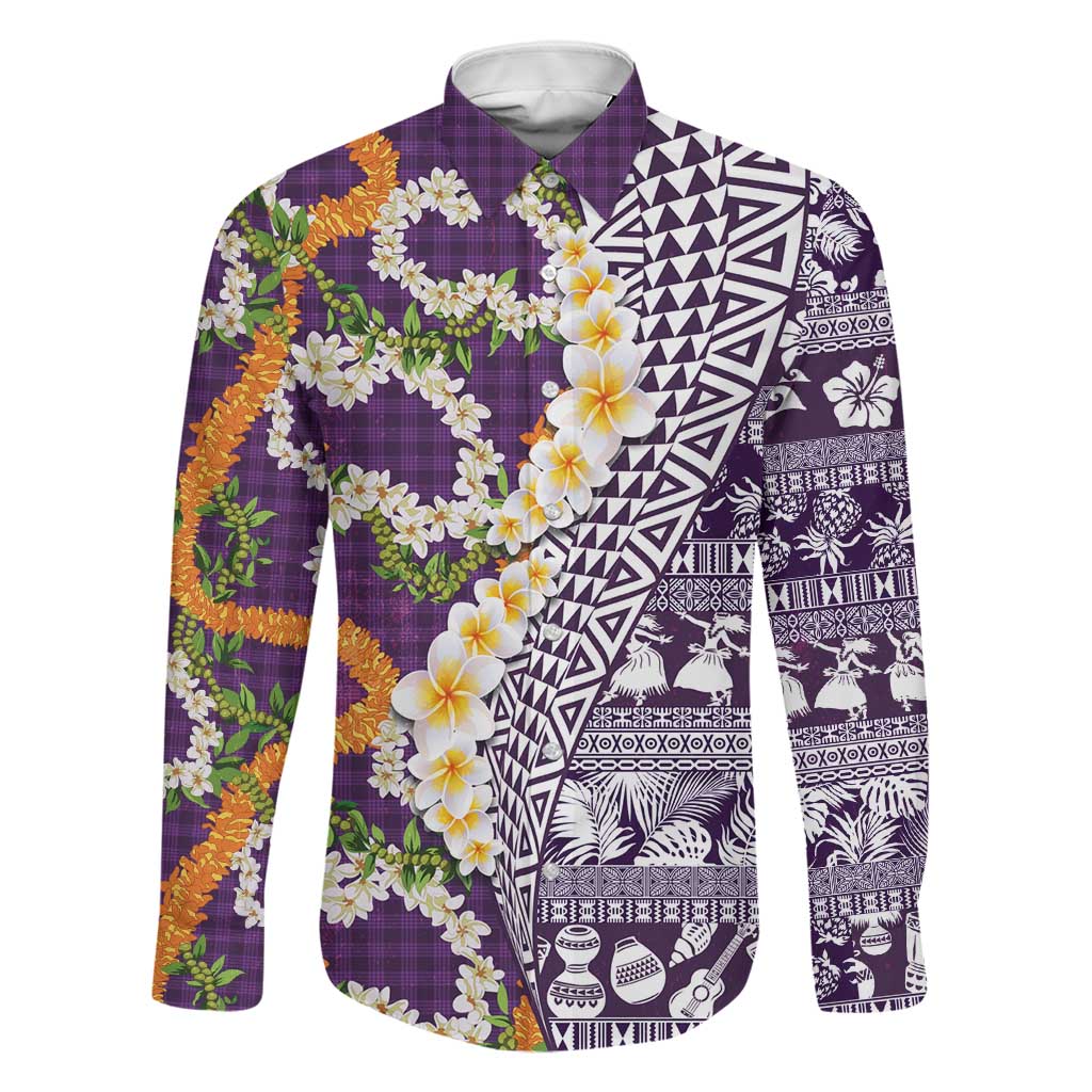 Hawaiian Plumeria Lei Family Matching Puletasi and Hawaiian Shirt Kakau Motifs and Palaka Half Style Purple Color LT03 Dad's Shirt - Long Sleeve Purple - Polynesian Pride