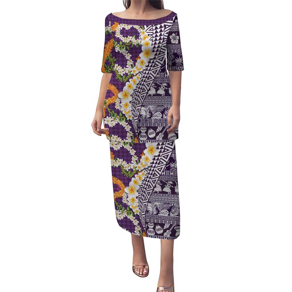 Hawaiian Plumeria Lei Family Matching Puletasi and Hawaiian Shirt Kakau Motifs and Palaka Half Style Purple Color LT03 Mom's Dress Purple - Polynesian Pride