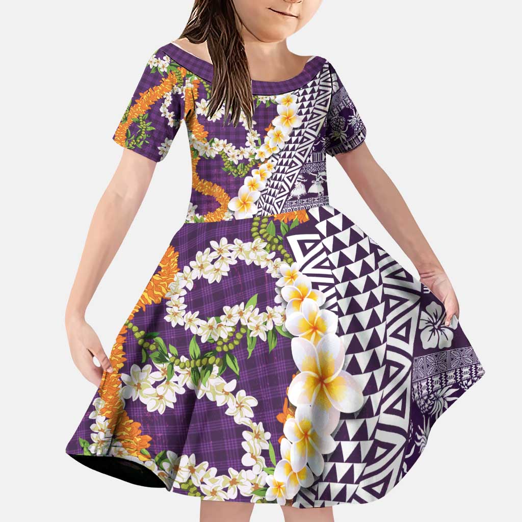 Hawaiian Plumeria Lei Family Matching Summer Maxi Dress and Hawaiian Shirt Kakau Motifs and Palaka Half Style Purple Color LT03 Daughter's Dress Purple - Polynesian Pride