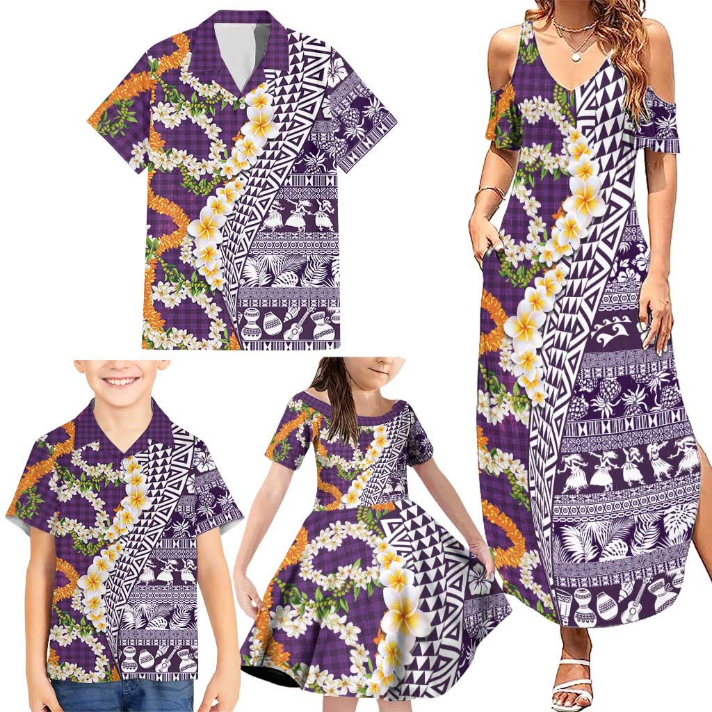 Hawaiian Plumeria Lei Family Matching Summer Maxi Dress and Hawaiian Shirt Kakau Motifs and Palaka Half Style Purple Color LT03 - Polynesian Pride