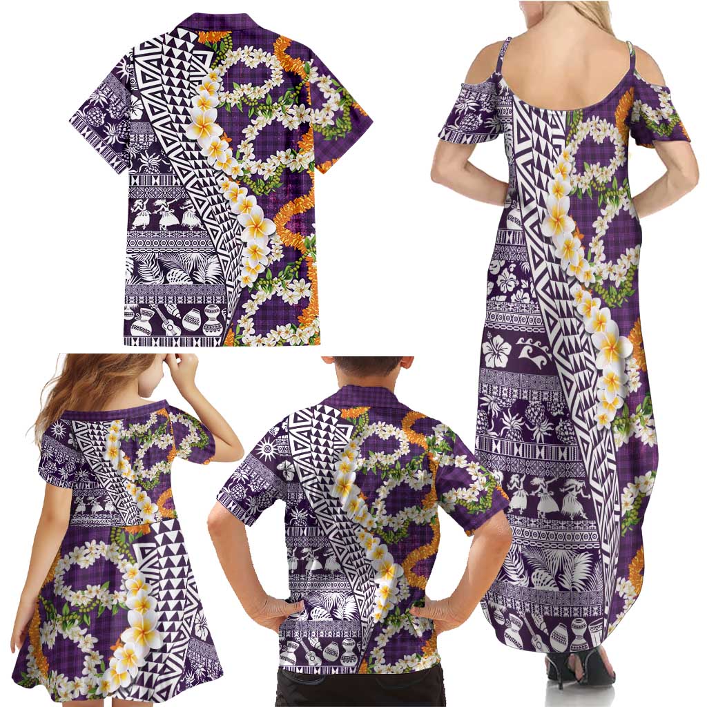 Hawaiian Plumeria Lei Family Matching Summer Maxi Dress and Hawaiian Shirt Kakau Motifs and Palaka Half Style Purple Color LT03 - Polynesian Pride