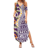 Hawaiian Plumeria Lei Family Matching Summer Maxi Dress and Hawaiian Shirt Kakau Motifs and Palaka Half Style Purple Color LT03 Mom's Dress Purple - Polynesian Pride