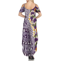 Hawaiian Plumeria Lei Family Matching Summer Maxi Dress and Hawaiian Shirt Kakau Motifs and Palaka Half Style Purple Color LT03 - Polynesian Pride