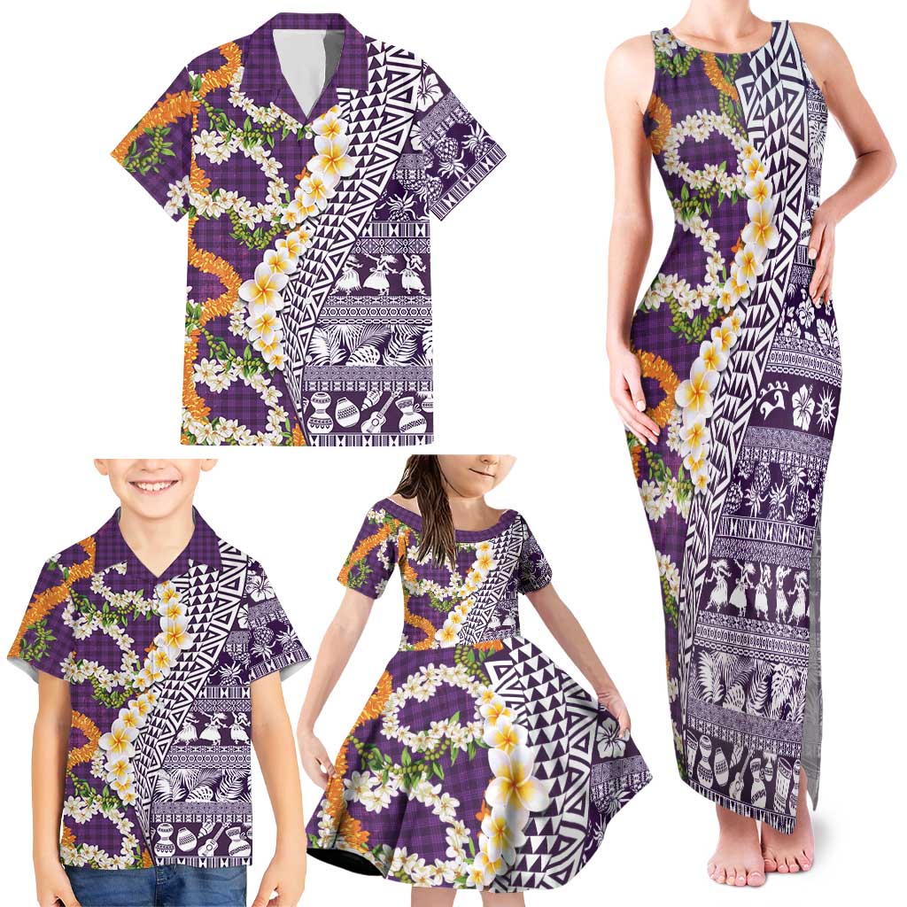Hawaiian Plumeria Lei Family Matching Tank Maxi Dress and Hawaiian Shirt Kakau Motifs and Palaka Half Style Purple Color LT03 - Polynesian Pride