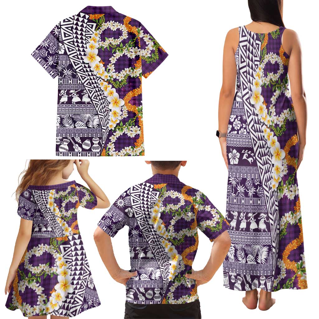 Hawaiian Plumeria Lei Family Matching Tank Maxi Dress and Hawaiian Shirt Kakau Motifs and Palaka Half Style Purple Color LT03 - Polynesian Pride