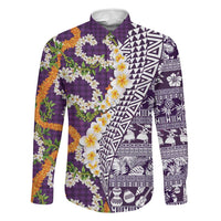 Hawaiian Plumeria Lei Family Matching Tank Maxi Dress and Hawaiian Shirt Kakau Motifs and Palaka Half Style Purple Color LT03 Dad's Shirt - Long Sleeve Purple - Polynesian Pride