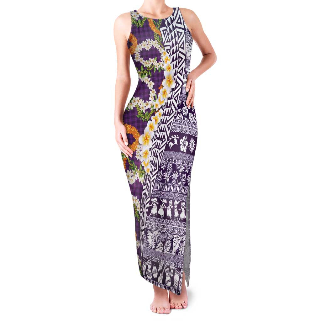Hawaiian Plumeria Lei Family Matching Tank Maxi Dress and Hawaiian Shirt Kakau Motifs and Palaka Half Style Purple Color LT03 Mom's Dress Purple - Polynesian Pride