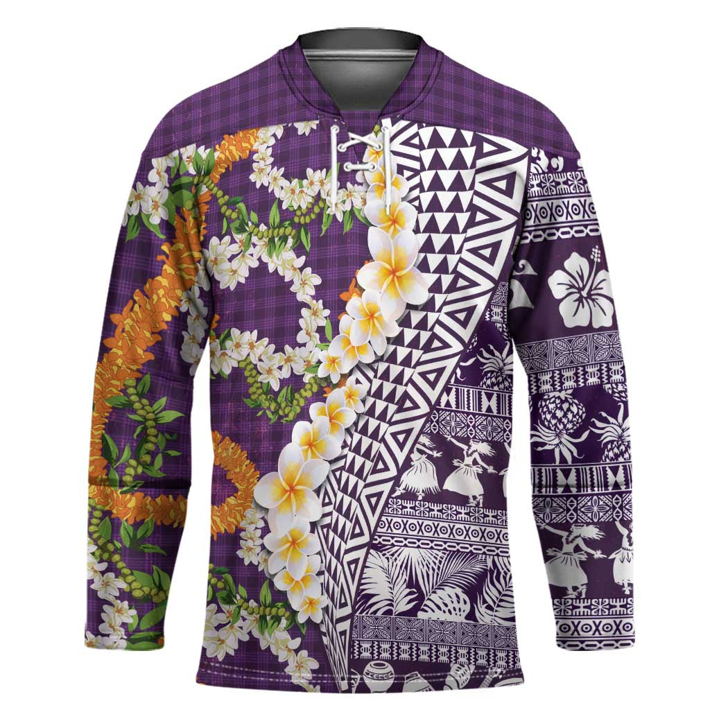 Hawaiian Plumeria Lei Hockey Jersey Kakau Motifs and Palaka Half Style Purple Color - Polynesian Pride