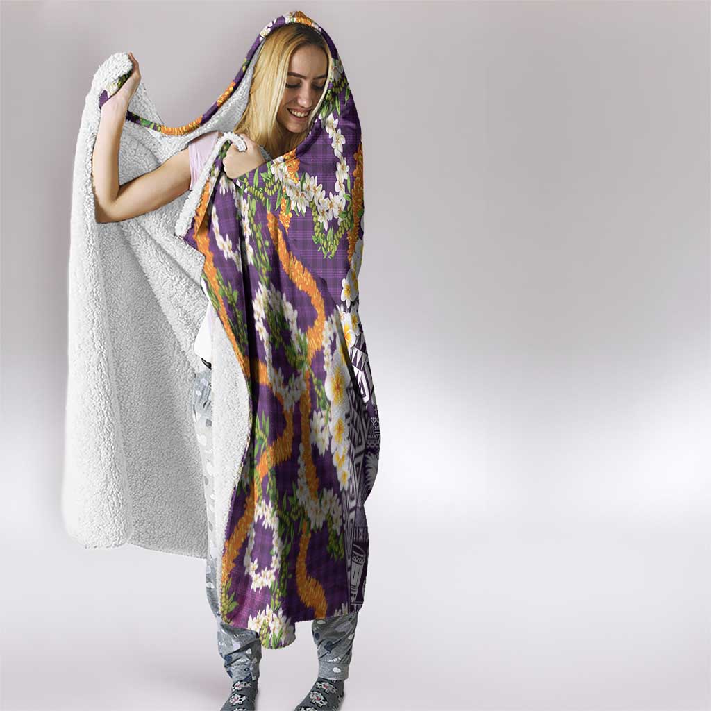 Hawaiian Plumeria Lei Hooded Blanket Kakau Motifs and Palaka Half Style Purple Color - Polynesian Pride