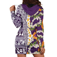 Hawaiian Plumeria Lei Hoodie Dress Kakau Motifs and Palaka Half Style Purple Color LT03 - Polynesian Pride