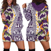 Hawaiian Plumeria Lei Hoodie Dress Kakau Motifs and Palaka Half Style Purple Color LT03 - Polynesian Pride