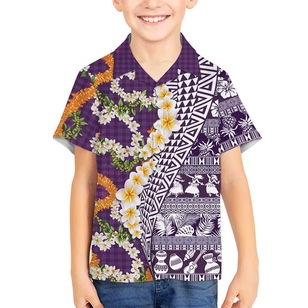 Hawaiian Plumeria Lei Kid Hawaiian Shirt Kakau Motifs and Palaka Half Style Purple Color LT03 Kid Purple - Polynesian Pride