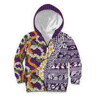 Hawaiian Plumeria Lei Kid Hoodie Kakau Motifs and Palaka Half Style Purple Color LT03 Zip Hoodie Purple - Polynesian Pride