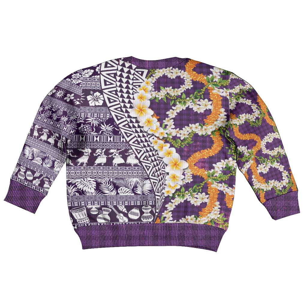 Hawaiian Plumeria Lei Kid Ugly Christmas Sweater Kakau Motifs and Palaka Half Style Purple Color LT03 - Polynesian Pride