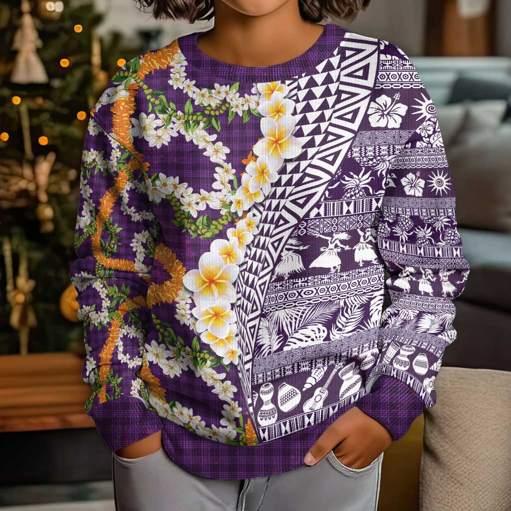Hawaiian Plumeria Lei Kid Ugly Christmas Sweater Kakau Motifs and Palaka Half Style Purple Color LT03 - Polynesian Pride