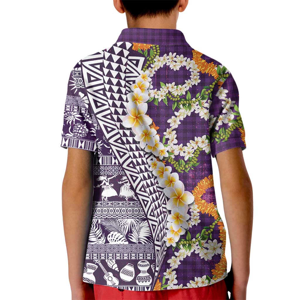 Hawaiian Plumeria Lei Kid Polo Shirt Kakau Motifs and Palaka Half Style Purple Color LT03 - Polynesian Pride