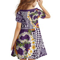 Hawaiian Plumeria Lei Kid Short Sleeve Dress Kakau Motifs and Palaka Half Style Purple Color LT03 - Polynesian Pride