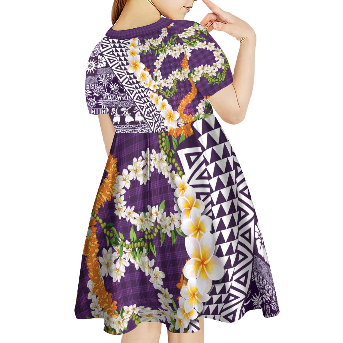 Hawaiian Plumeria Lei Kid Short Sleeve Dress Kakau Motifs and Palaka Half Style Purple Color LT03 - Polynesian Pride