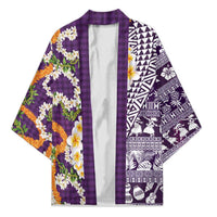 Hawaiian Plumeria Lei Kimono Kakau Motifs and Palaka Half Style Purple Color LT03 Unisex Purple - Polynesian Pride