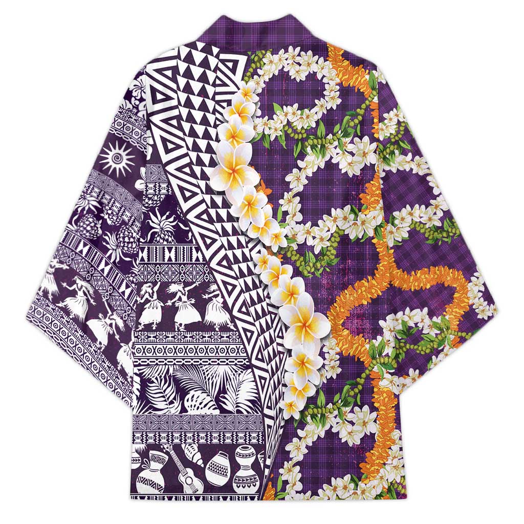 Hawaiian Plumeria Lei Kimono Kakau Motifs and Palaka Half Style Purple Color LT03 - Polynesian Pride