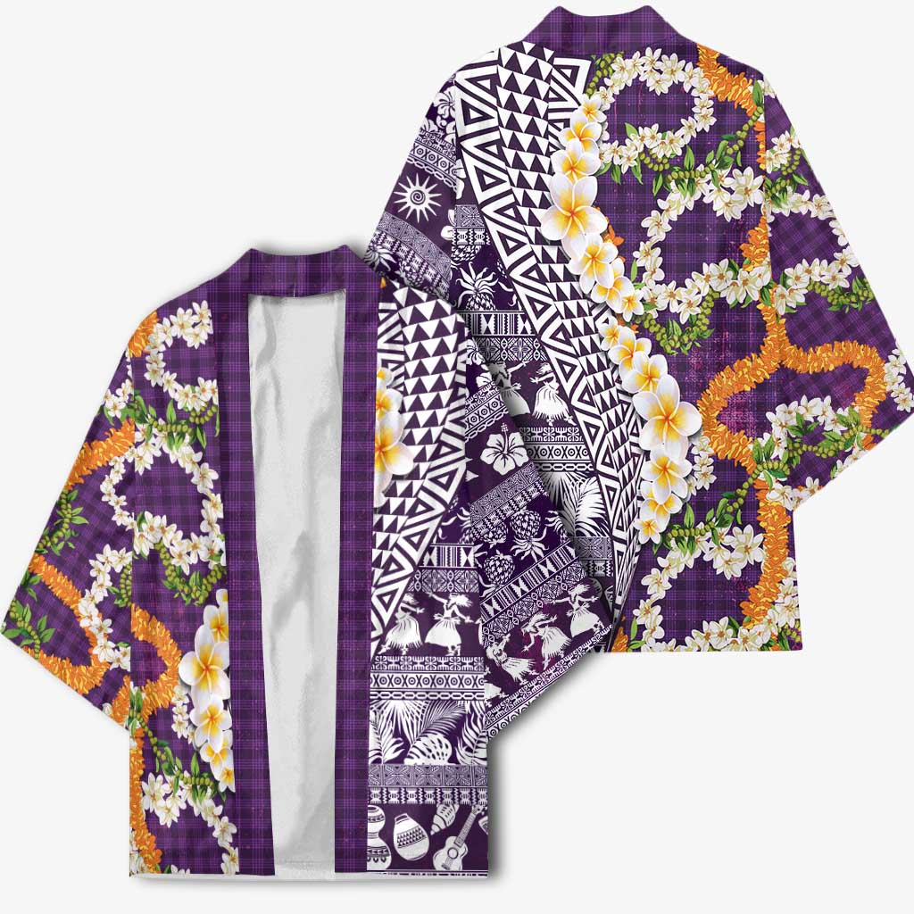 Hawaiian Plumeria Lei Kimono Kakau Motifs and Palaka Half Style Purple Color LT03 - Polynesian Pride