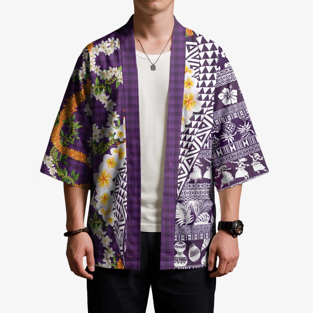 Hawaiian Plumeria Lei Kimono Kakau Motifs and Palaka Half Style Purple Color LT03 - Polynesian Pride