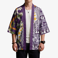 Hawaiian Plumeria Lei Kimono Kakau Motifs and Palaka Half Style Purple Color LT03 - Polynesian Pride
