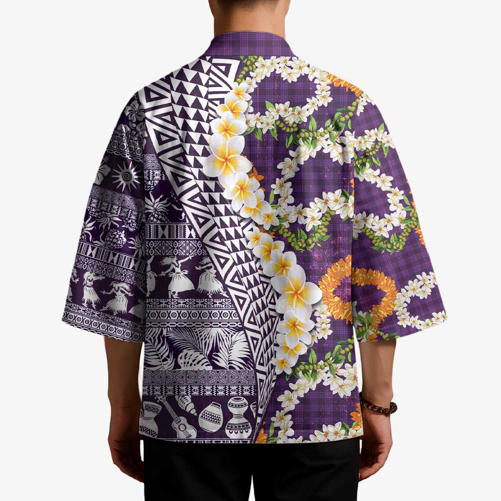Hawaiian Plumeria Lei Kimono Kakau Motifs and Palaka Half Style Purple Color LT03 - Polynesian Pride
