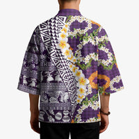 Hawaiian Plumeria Lei Kimono Kakau Motifs and Palaka Half Style Purple Color LT03 - Polynesian Pride