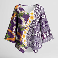 Hawaiian Plumeria Lei Kimono Sleeve Blouse Kakau Motifs and Palaka Half Style Purple Color LT03 Female Purple - Polynesian Pride
