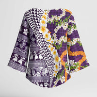 Hawaiian Plumeria Lei Kimono Sleeve Blouse Kakau Motifs and Palaka Half Style Purple Color LT03 - Polynesian Pride