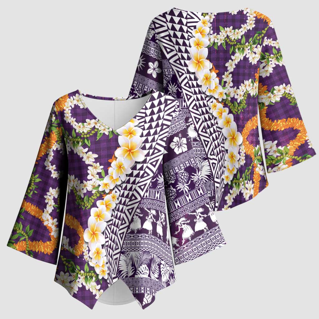 Hawaiian Plumeria Lei Kimono Sleeve Blouse Kakau Motifs and Palaka Half Style Purple Color LT03 - Polynesian Pride
