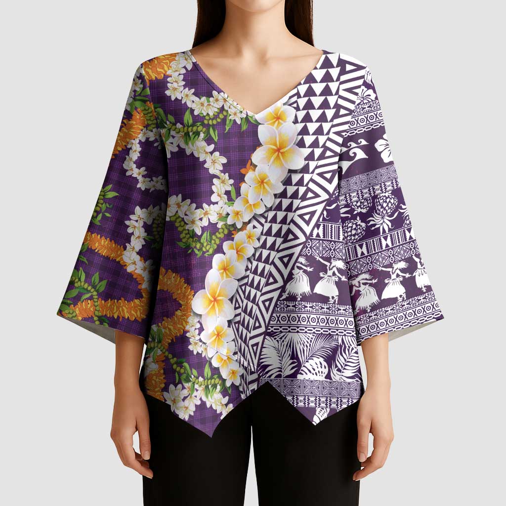 Hawaiian Plumeria Lei Kimono Sleeve Blouse Kakau Motifs and Palaka Half Style Purple Color LT03 - Polynesian Pride