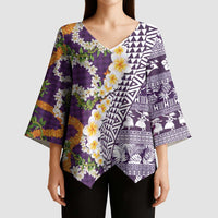 Hawaiian Plumeria Lei Kimono Sleeve Blouse Kakau Motifs and Palaka Half Style Purple Color LT03 - Polynesian Pride