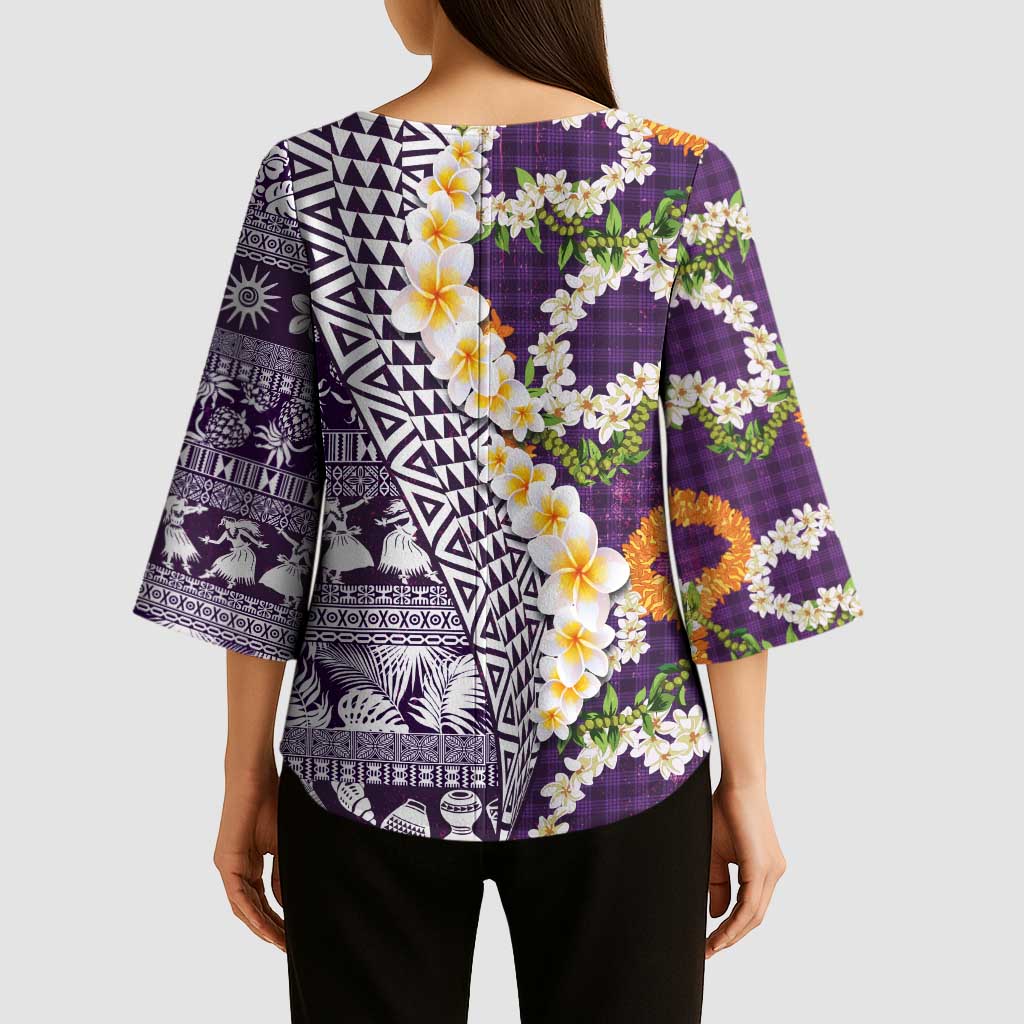 Hawaiian Plumeria Lei Kimono Sleeve Blouse Kakau Motifs and Palaka Half Style Purple Color LT03 - Polynesian Pride