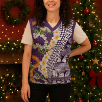 Hawaiian Plumeria Lei Christmas Knitted V-Neck Vest Kakau Motifs and Palaka Half Style Purple Color LT03 - Polynesian Pride