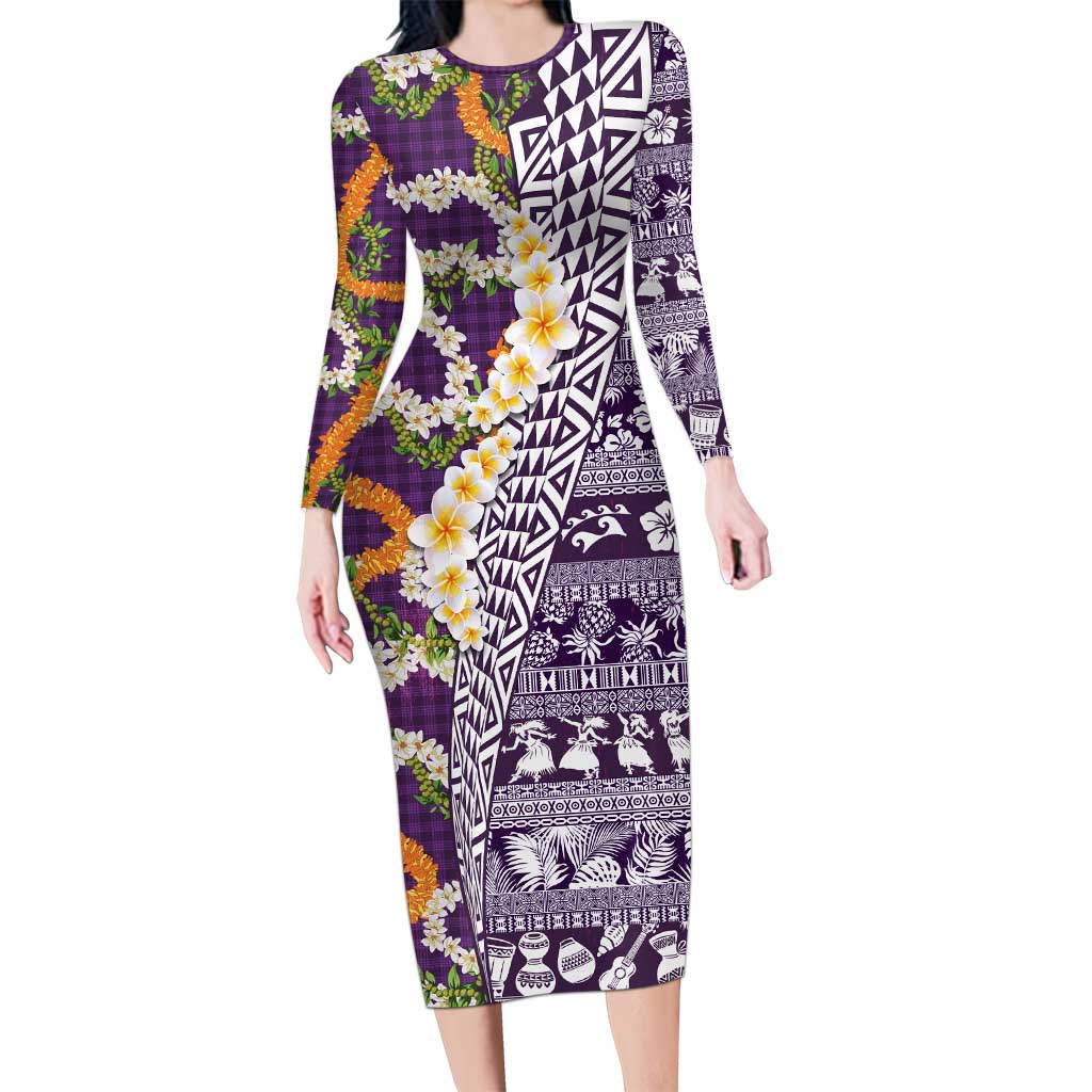 Hawaiian Plumeria Lei Long Sleeve Bodycon Dress Kakau Motifs and Palaka Half Style Purple Color LT03 Long Dress Purple - Polynesian Pride