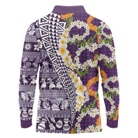 Hawaiian Plumeria Lei Long Sleeve Polo Shirt Kakau Motifs and Palaka Half Style Purple Color LT03 - Polynesian Pride