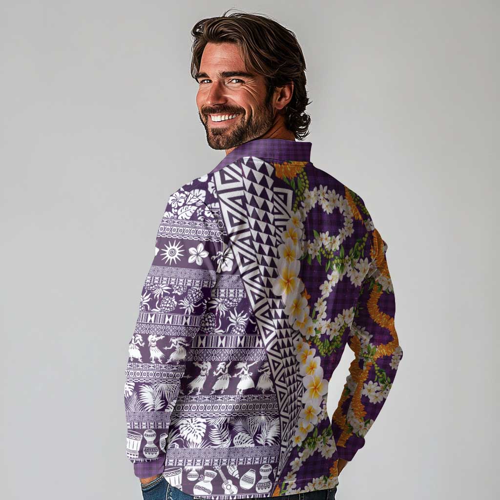 Hawaiian Plumeria Lei Long Sleeve Polo Shirt Kakau Motifs and Palaka Half Style Purple Color LT03 - Polynesian Pride