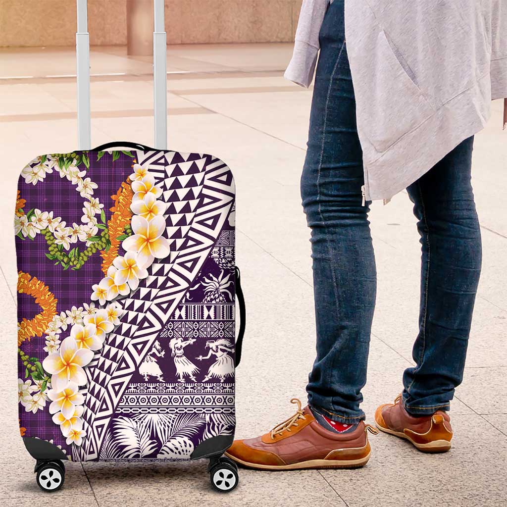 Hawaiian Plumeria Lei Luggage Cover Kakau Motifs and Palaka Half Style Purple Color LT03 Purple - Polynesian Pride