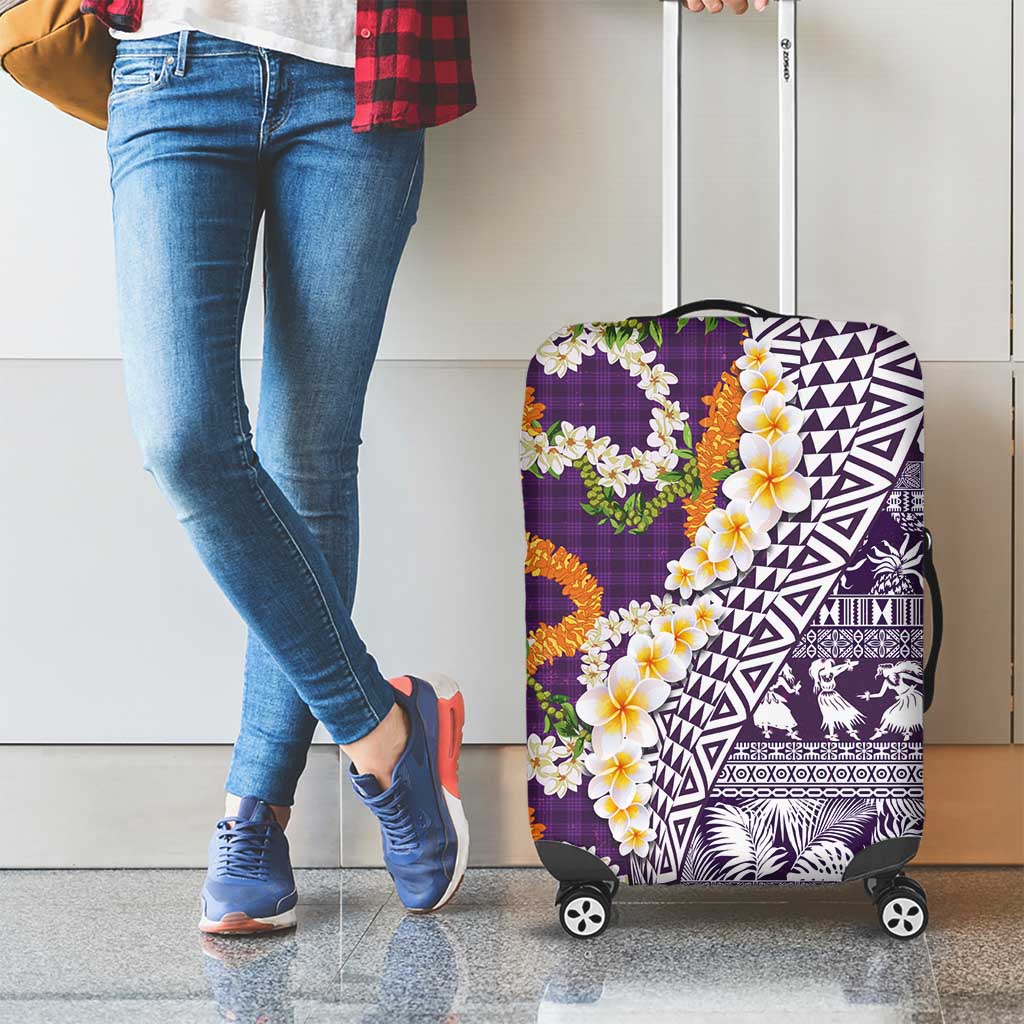 Hawaiian Plumeria Lei Luggage Cover Kakau Motifs and Palaka Half Style Purple Color LT03 - Polynesian Pride