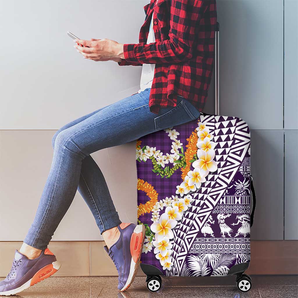 Hawaiian Plumeria Lei Luggage Cover Kakau Motifs and Palaka Half Style Purple Color LT03 - Polynesian Pride