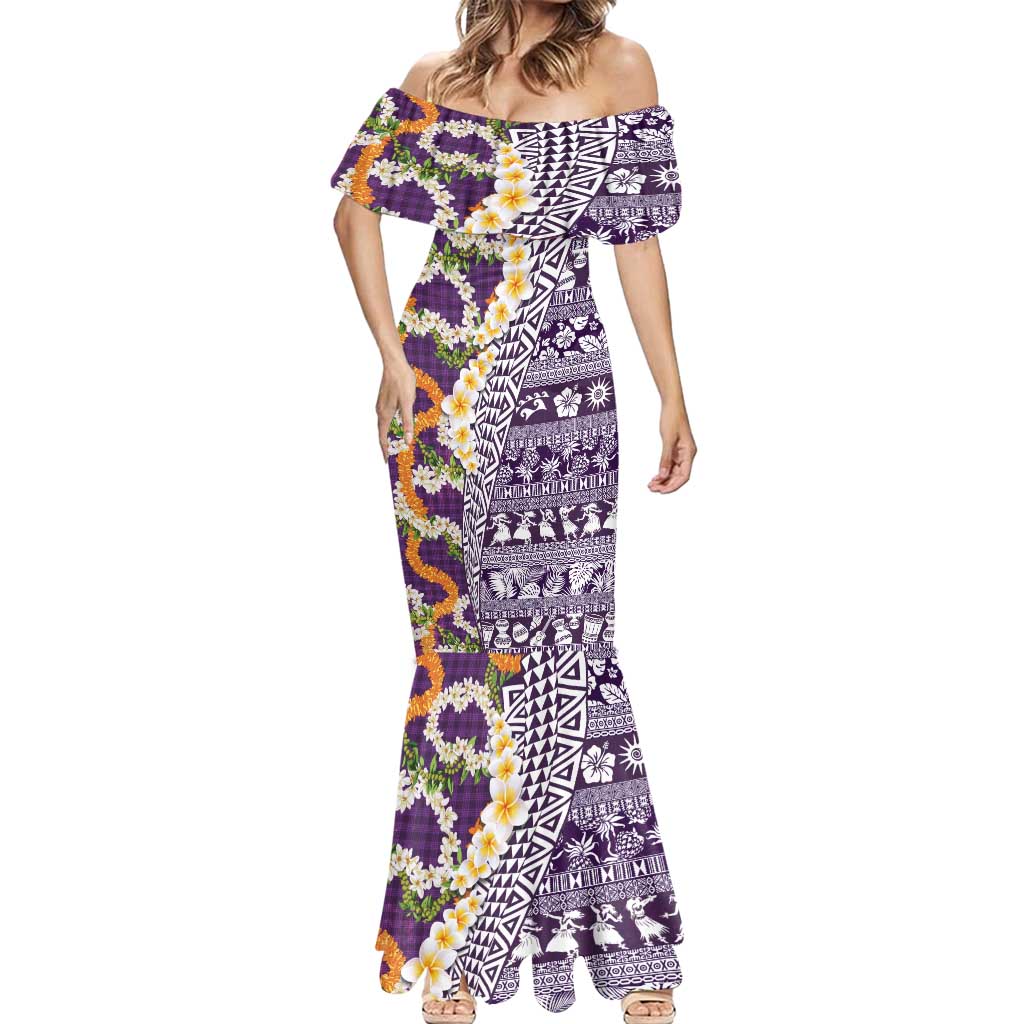 Hawaiian Plumeria Lei Mermaid Dress Kakau Motifs and Palaka Half Style Purple Color LT03 - Polynesian Pride