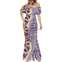Hawaiian Plumeria Lei Mermaid Dress Kakau Motifs and Palaka Half Style Purple Color LT03 - Polynesian Pride