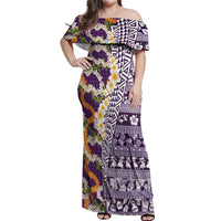 Hawaiian Plumeria Lei Off Shoulder Maxi Dress Kakau Motifs and Palaka Half Style Purple Color LT03 Women Purple - Polynesian Pride